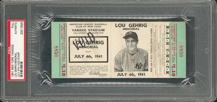 1941 Yankee Stadium Lou Gehrig Memorial Full Ticket From July 4, 1941 (PSA/DNA AUTH)